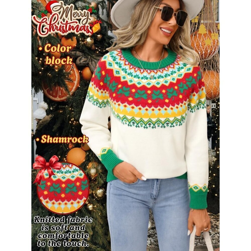 Womens Beige Christmas Sweater Lucky Clover Pattern Chunky Knit Holiday Pull - Picture 2 of 7
